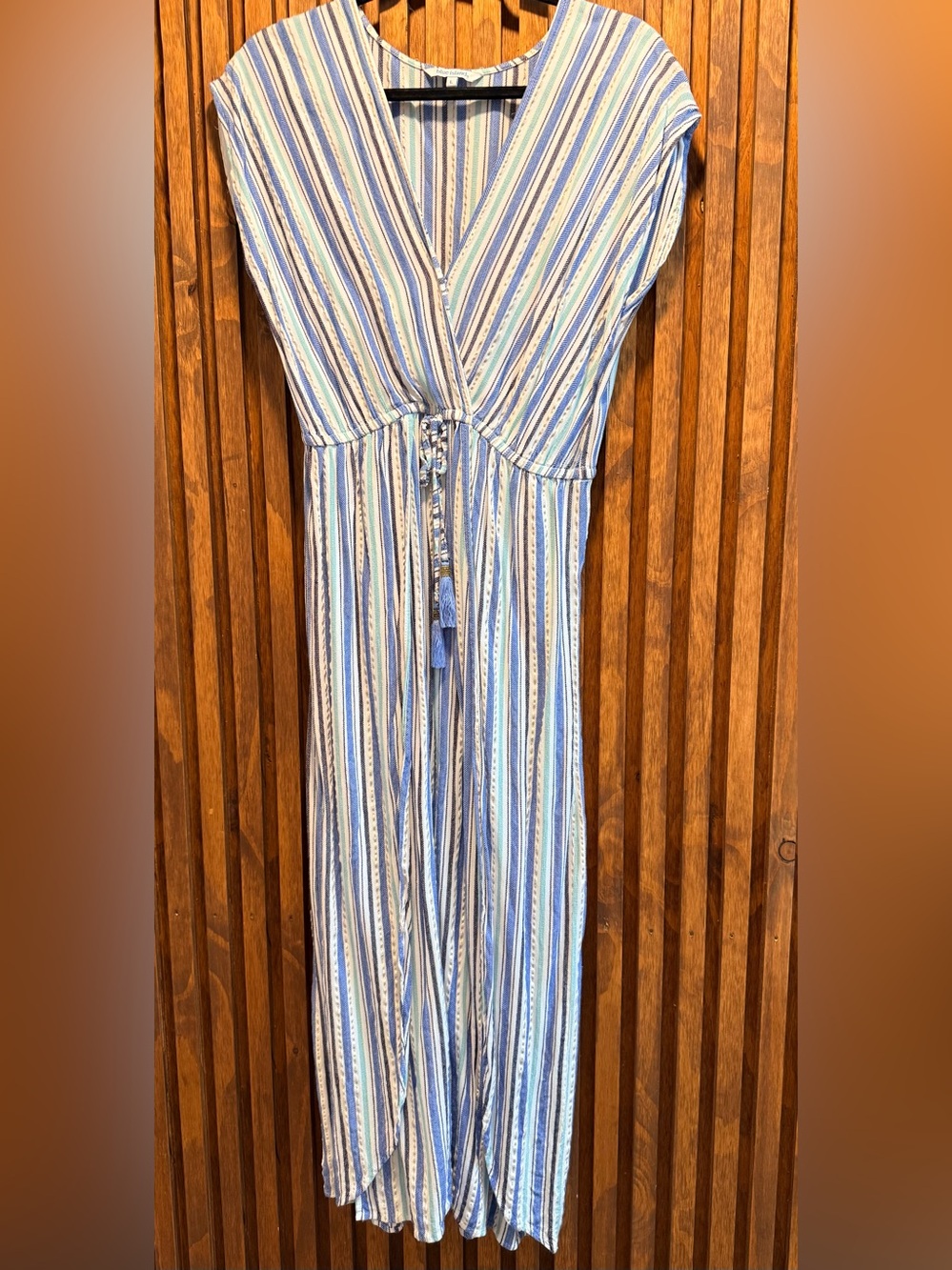 Blue Island Striped V-Neck Cover Up in Blue, White & Tan